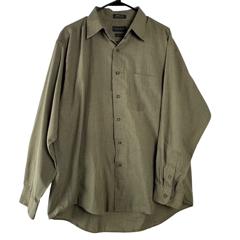 Van Heusen Men Dress Shirt Olive Green Large 16‎ 16 1/2 Long Sleeve Wrinkle Free